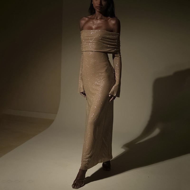 Noëlle | Robe Maxi Off-Shoulder avec Paillettes & Coupe Élégante