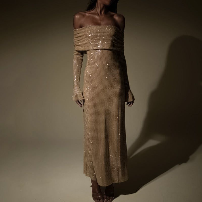 Noëlle | Robe Maxi Off-Shoulder avec Paillettes & Coupe Élégante