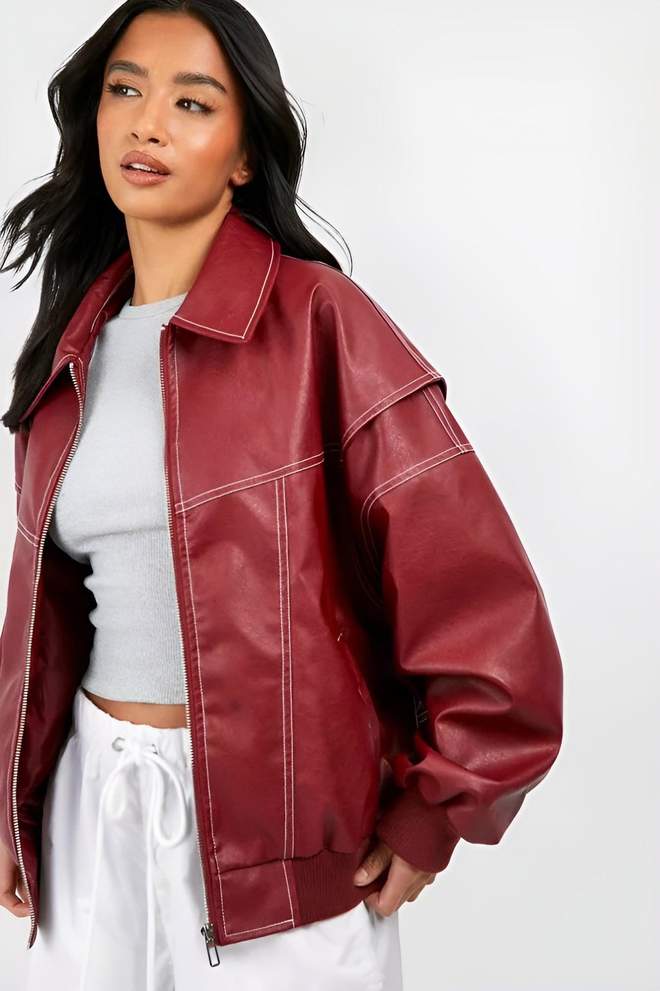 Sabrina – Veste en cuir rouge